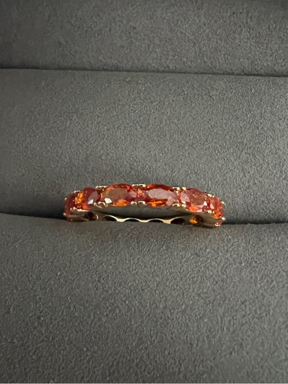 660. NWT PRETTY BIRD Tarnish Proof Gold Eternity Ring with Red Stones Sz 8.5